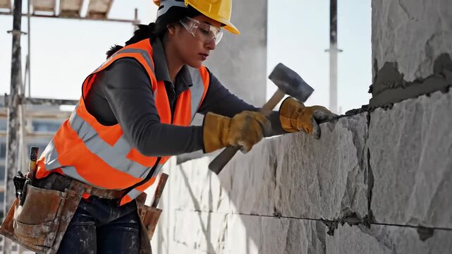A female construction worker expertly chisels and shapes stone blocks on a building site.