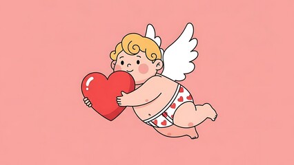 Fototapeta premium Animated cupid flying with wings, holding a red heart on a pastel pink background