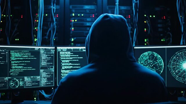A person in a hooded sweatshirt sits in front of multiple glowing computer screens in a dark server room.