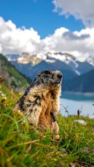 Marmot stands tall in green grass with majestic mountains and blue lake in the distance on a partially cloudy day