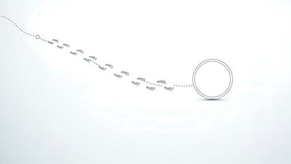 Footsteps trailing to a ring, a minimalist design on white, symbolic of a journey's end