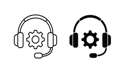 Two headset icons with gear symbols in black and white on a pure for customer service or technical support concepts