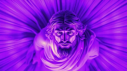 A majestic Jesus with a glowing purple aura and flowing hair.