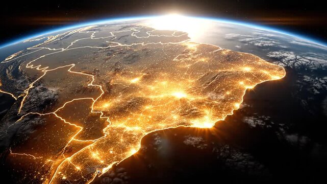 A glowing illuminated map of a landmass at night, highlighting city lights and country borders