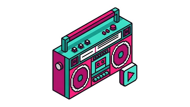 Isometric illustration of a retro-style stereo cassette player with vibrant colors, and play button