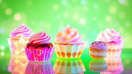 Vibrant cupcakes with colorful frosting on reflective surface
