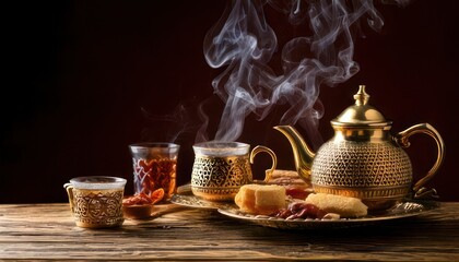 Fototapeta premium Elegant Tea Time - Golden Teapot, Steaming Cups, and Delectable Treats.