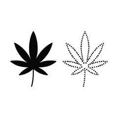 Black cannabis leaf silhouette and dotted outline illustration on a clean white background viewed from directly above