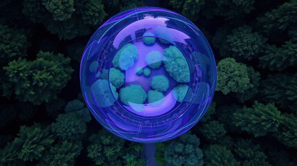 Aerial view of futuristic glass dome with vibrant green plants inside surrounded by lush forest