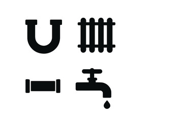 Black icons representing plumbing symbols including pipe, radiator, tap, and hose on a white