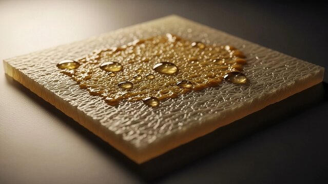 Liquid drops on a textured surface representing immobility and hydrodynamics. Concept of fluid mechanics and material science.