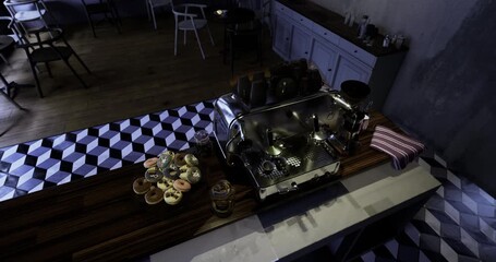 A cozy cafe interior showcases a polished wooden counter with a gleaming espresso machine. Assorted pastries, including colorful donuts, are artfully arranged nearby, inviting customers to indulge.