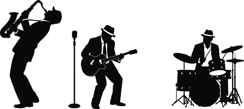 Jazz, blues band  trio of musicians saxophonist, guitarist, microphone, trumpet, piano, drummer musical instrument. Musicians in a jazz band vector icons. 