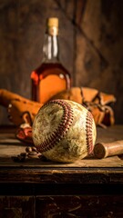 Vintage baseball with glove, bat, whiskey bottle and scattered nuts on aged wooden surface