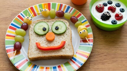 Creative Kids Lunch with Fruit Skewers and Funny Face Toast