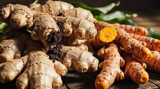 Close-up of fresh turmeric root and leaves, showcasing the vibrant orange and brown colors.