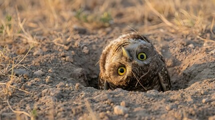 Burrowing Owl Chick Peeking Out of Dirt Hole