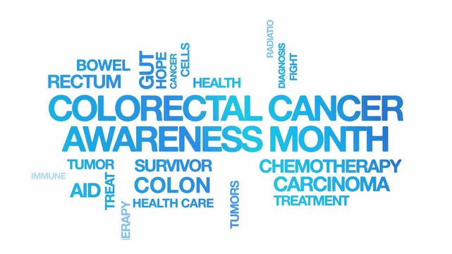 Colorectal Cancer Awareness Month concept Animated Tag Word Cloud kinetic typography, Text Design Animation typography seamless loop video motion graphics Intro wordart sky blue type on white backdrop