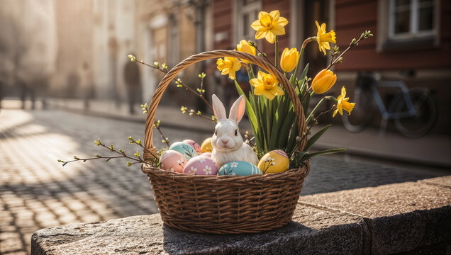 Osterhase im Korb mit bunten Ostereiern und gelben Narzissen auf Kopfsteinpflaster