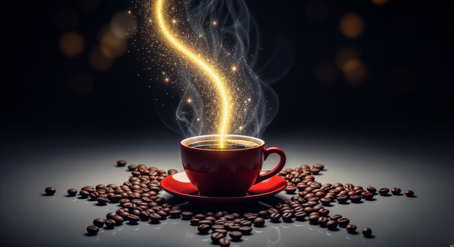 Kaffee: Magischer, goldener Glanz und Dampf steigen aus roter Tasse, umgeben von Kaffeebohnen