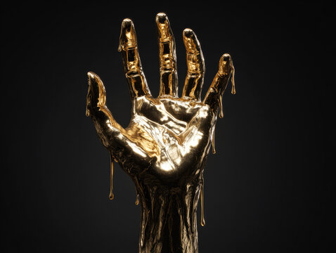Liquid Gold Covered Hand with Drip Effect on Black Background