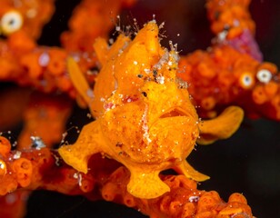 Vivid, orange frogfish sits on coral branch, showcasing its textured skin and unique camouflage within a dark ocean