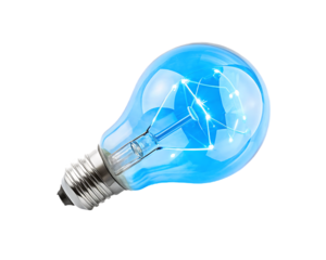 Blue light bulb with glowing connections on white isolated on a transparent background electricity