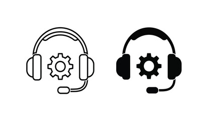 Black and white line icons of headsets with gear symbols for customer support or technical service concepts