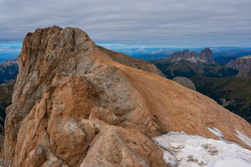 Fototapeta premium Panoramic view from the Marmolada glacier to the Punta Penia peaks in the Dolomites, Italy.