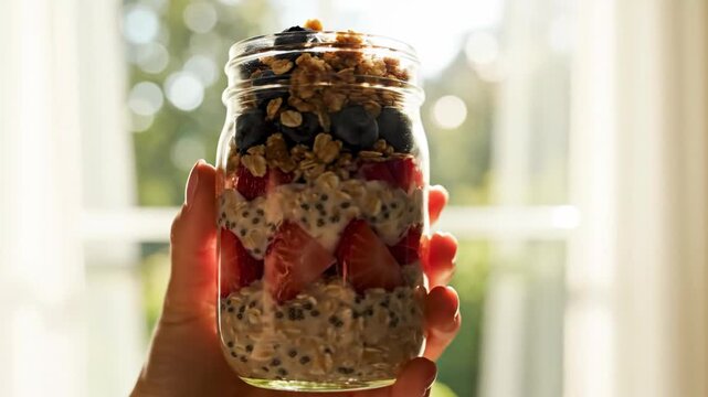 A person's hand holding a jar filled with layered overnight oats and fresh fruit.