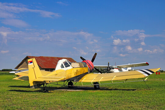 Crop duster airplanes on land airfield