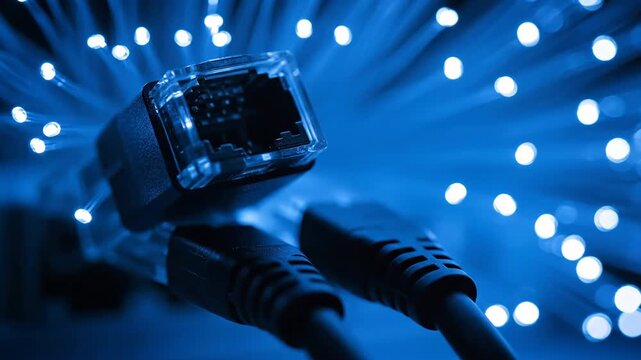 Macro shot of blue fiber optic cables glowing with data transfer.