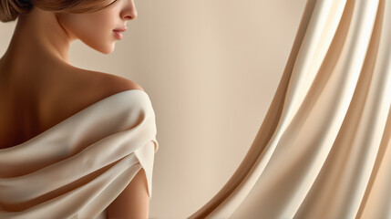 Elegant woman with bare shoulder wrapped in soft beige fabric in minimal studio setting with flowing drapery