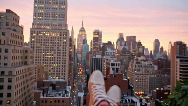 A person sits on a rooftop ledge with legs dangling. They hold a coffee cup as the sun sets, casting colors over the city skyline. The tall buildings create a backdrop of urban life.
