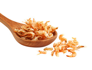 Dried Small Shrimp in Wooden Spoon on transparent background