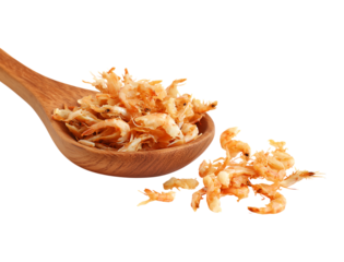 Dried Small Shrimp in Wooden Spoon on transparent background