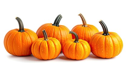 Obraz premium A group of six bright orange pumpkins with dark stems isolated on a white background.