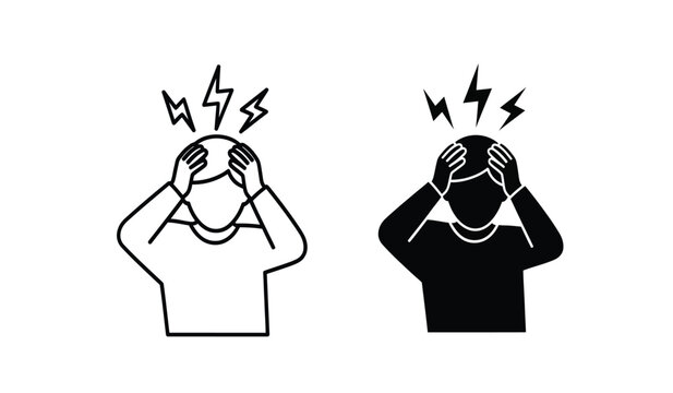 Two cartoon people with hands on face and lightning bolts above head in black and white