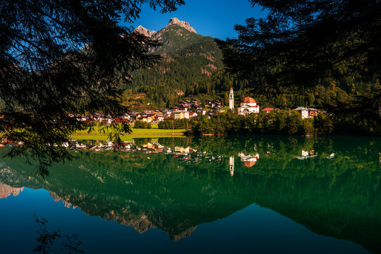 Panoramic view of Lake Auronzo and the Tre Cime Natural Park in Italy.