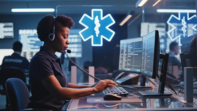 Woman dispatcher answers emergency call at medical center. Dispatcher works with computer in emergency room. Woman handles medical call at dispatch center. Emergency dispatcher types on computer