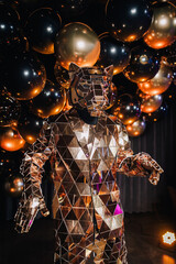 A photograph of dancing mirror people animators in lion costumes at a carnival nightclub in a restaurant with balloons in the background. Animation concept.