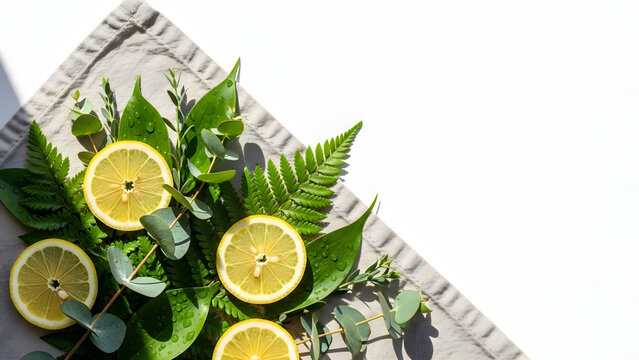 Valentine Spring Still Life Fresh Lemons and Green Leaves Flat Lay