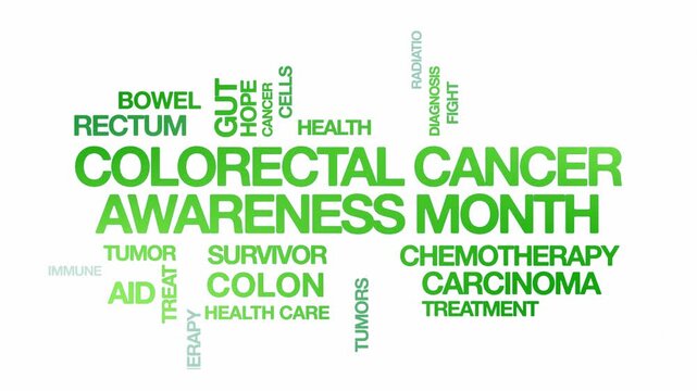Colorectal Cancer Awareness Month concept Animated Tag Word Cloud kinetic typography, Text Design Animation typography seamless loop video motion graphics Intro wordart green type font on white bg
