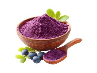 Acai Berry Powder in Wooden Bowl with Fresh Berries and Spoon on transparent background