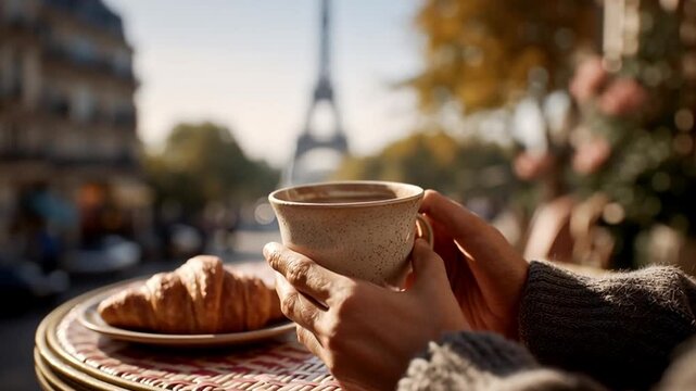 The person holds a steaming cup while sitting at a table. A croissant rests nearby. The Eiffel Tower is visible in the background. This scene is set in Paris during vacation time.