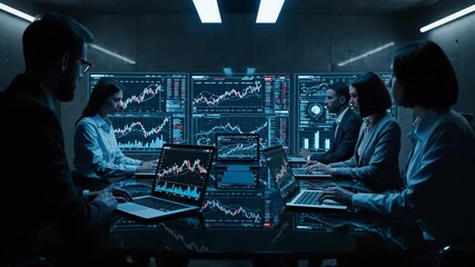 Diverse business team reviewing financial data charts on large screens and laptops in a modern office meeting room. - Powered by Adobe