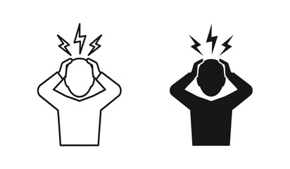Black and white line and solid icon set of stressed people with hands on head and lightning bolts