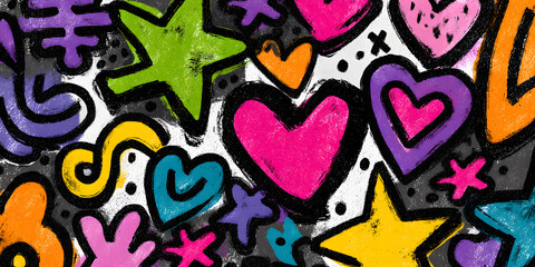 Obraz premium Bold graffiti style heart and star shapes painted with thick brush strokes on a dark wall urban art creative doodle