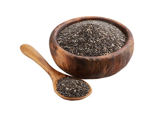 Healthy Chia Seeds in Rustic Wooden Bowl with Spoon on transparent background
