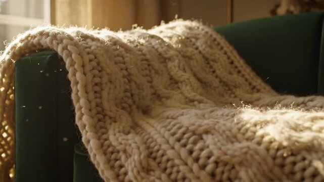 A cozy, cream-colored knitted blanket draped over a green armchair, bathed in sunlight.